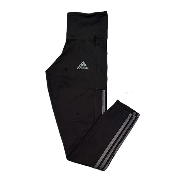 ADIDAS Athletic High Rise Black Activewear Tights Women Grey 3 Stripe SIZE XS - Picture 3 of 5